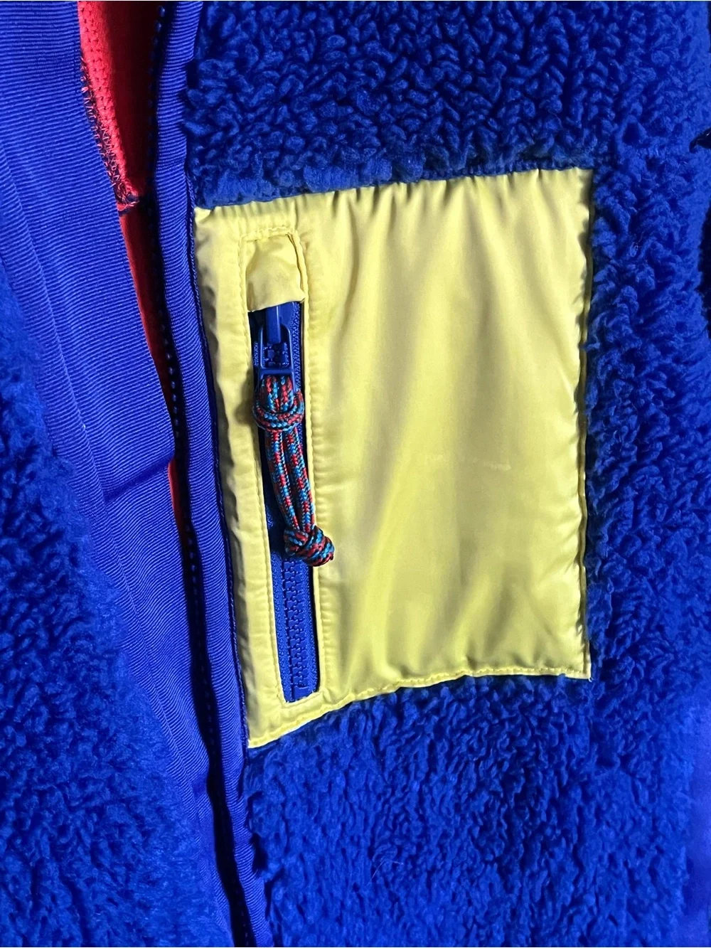 Tory Sport Blue Sherpa Puffer Jacket with Yellow Accents